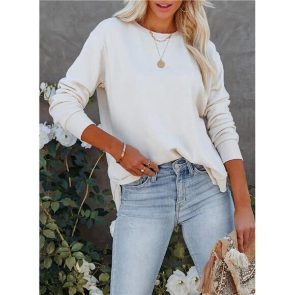 Oversized Crewneck Sweatshirt with Side Split - Casual Loose Fit Pullover Top - Picture 5 of 6